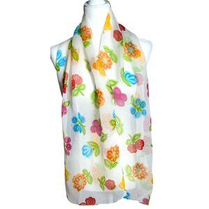 White Floral Scarf Sheer Poly Rectangular Colorful Arty Flowers Womens 60x12"